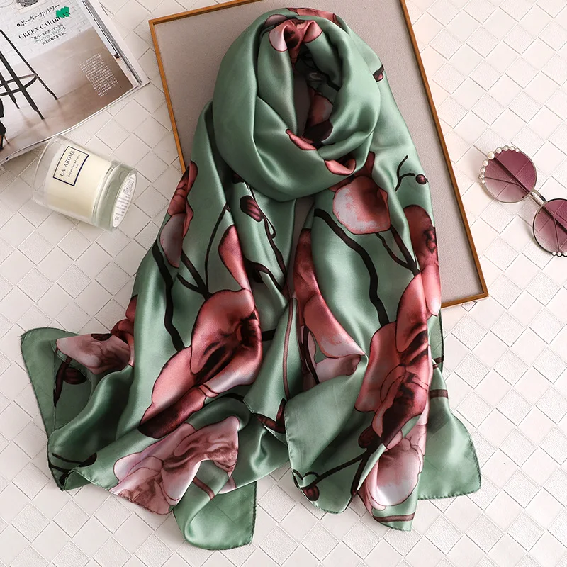 

H058 China luxury brand Four seasons new fashion women large scarf ladies shawl Flowers print Beach beautiful silk wraps hijab