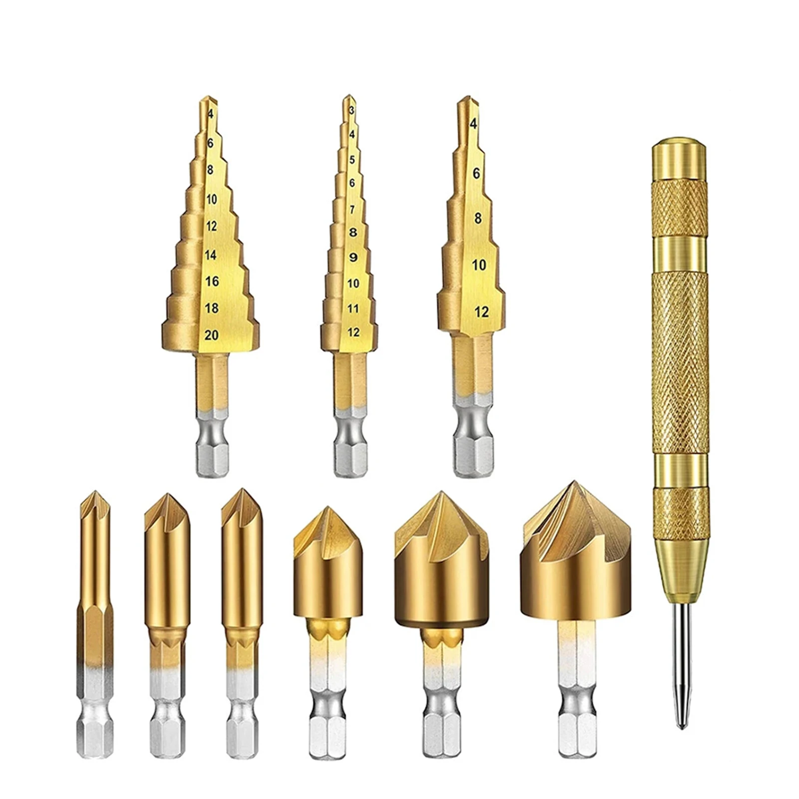 

10pcs Step Drill Bit Set Wear Resistance Industry Professional DIY With Center Punch 1/4 Inch Hex Shank Countersink 5 Flute Hard