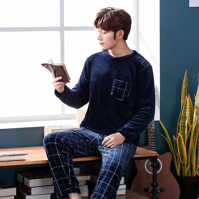 2023 Winter Long Sleeve Thick Warm Flannel Pajama Sets for Men Coral Velvet Cute Cartoon Sleepwear Suit Pyjamas Homewear Clothes