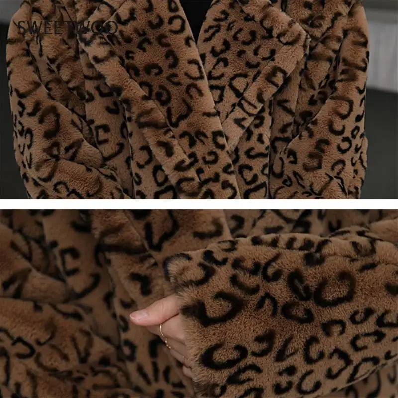 2021 Winter Thick Warm Leopard Long Teddy Fur Coat Women Outerwear High Quality Loose Suit Collar Faux Rabbit Fur Jacket Female