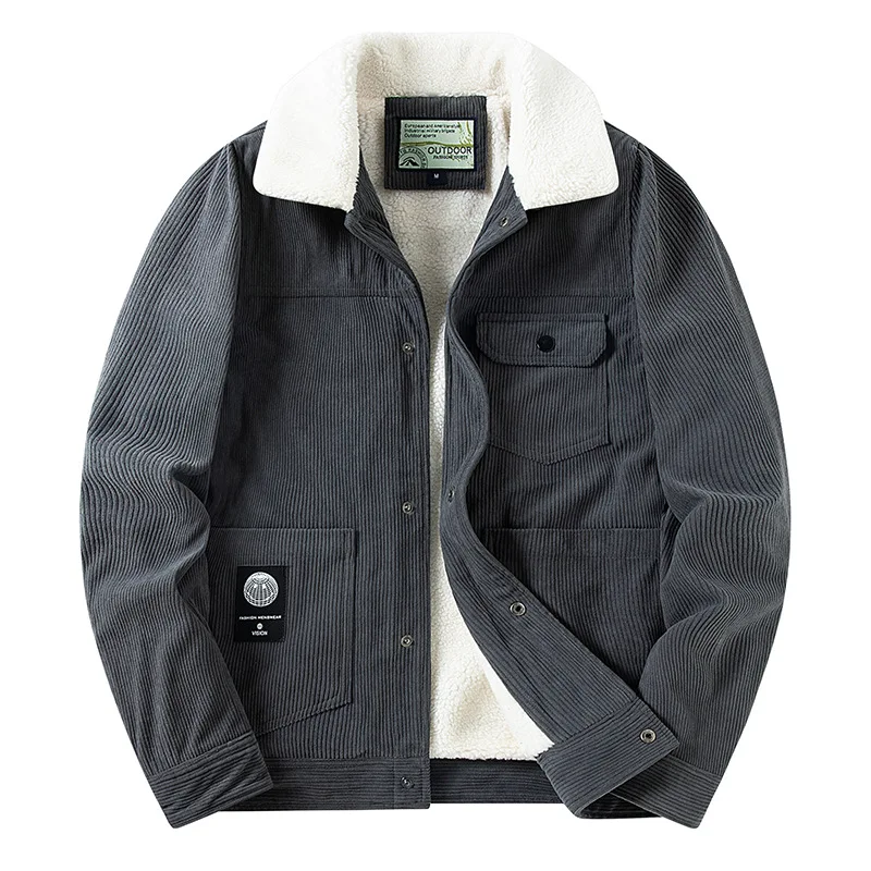 Corduroy Thick Winter Coat Men Plus Velvet and Cotton Fleece Collar Warm Jacket Outdoor Tooling Imitation Lamb Velvet Coats