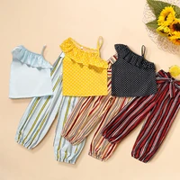 2022 new fashion teen girls sleeveless polka dots top multicolor striped long pants outfits kids spring summer clothing set