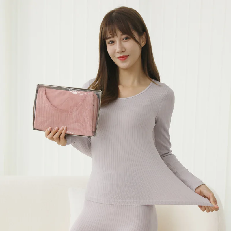 Winter Thermal Underwear Set Women's Vertical Bar Constant Temperature Slim Cotton Round Neck Comfortable Bottoming Shirt