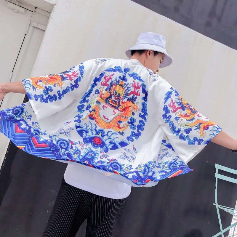 

Spring Summer Chinese Dragon Print Cloak Kimono Men 3/4 Sleeve Men Wear Oversize Thin Shirt Coat Taoist Robe Casual Bathrobe