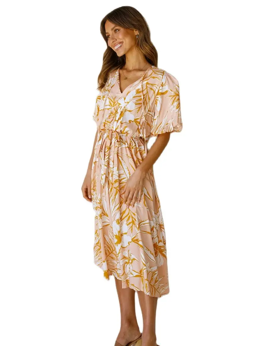 

Summer Beach Vacation Casual Botanical Print V Neck Chiffon Long Elegant Ladies Dress Luxurious Night Large Party Wear