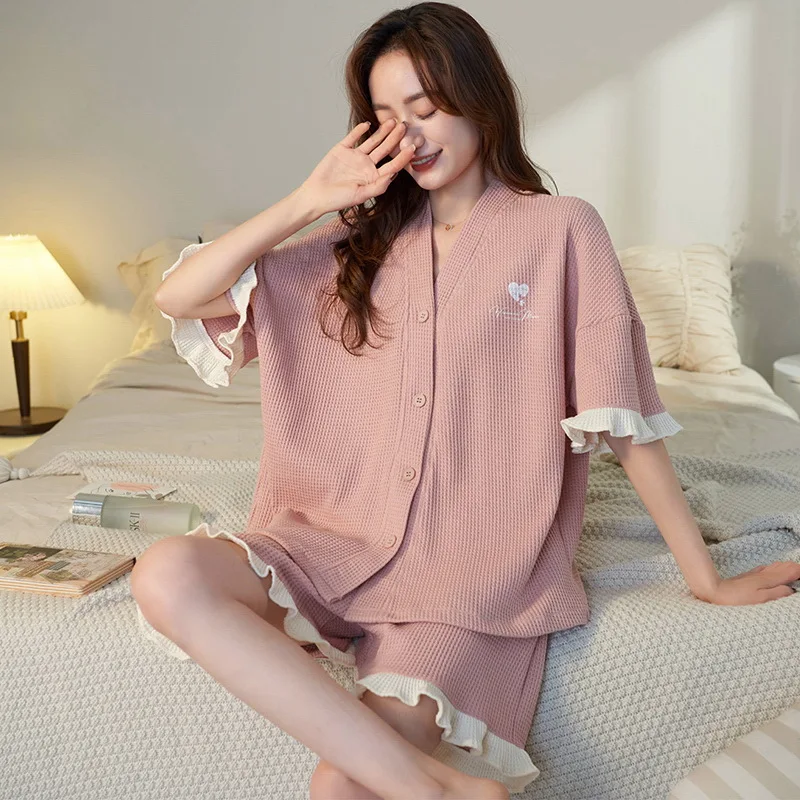 New Design Summer Cotton Girl Sleepwear Short Sleeve Button High Quality Women Home Kimono Pajama Set