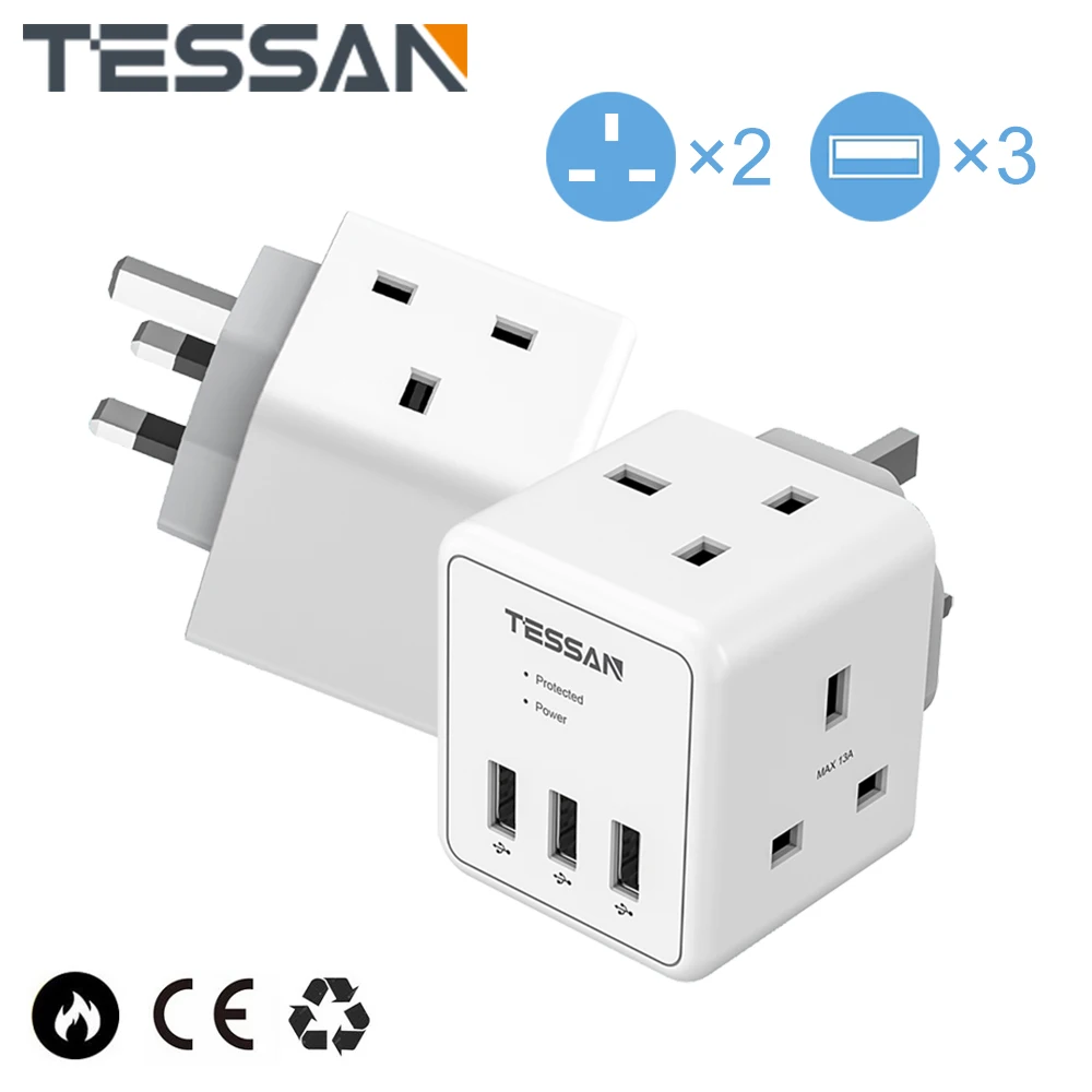 

TESSAN 5 in 1 Cube Plug Extension Surge protection with 2 Outlets & 3 USB Ports, 13A UK USB Wall Socket Adapter for Home, Office
