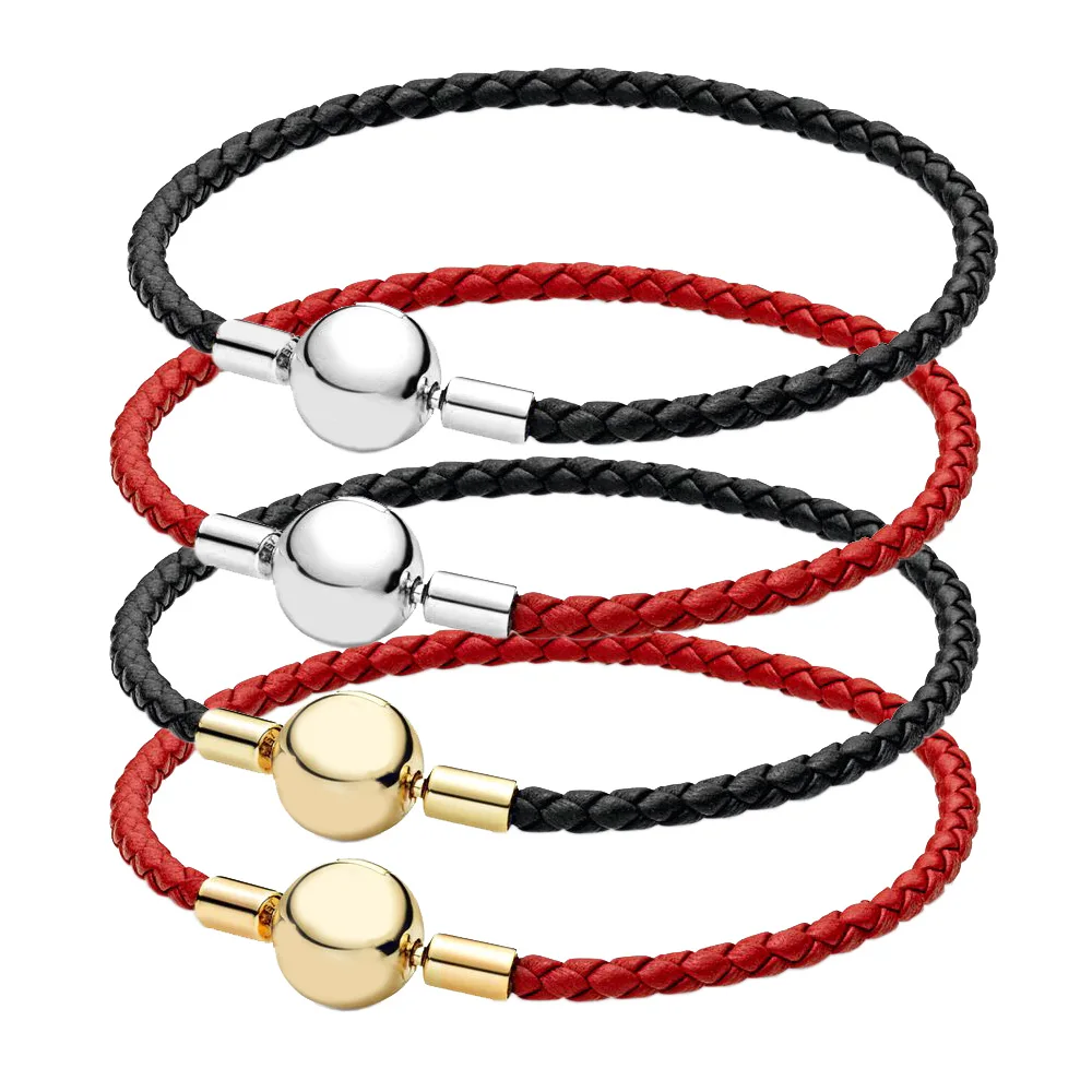 

925 Silver Fit for Pandora Moments Red Woven Leather Bracelet Original Making Anniversary DIY Girls Jewelry Gifts