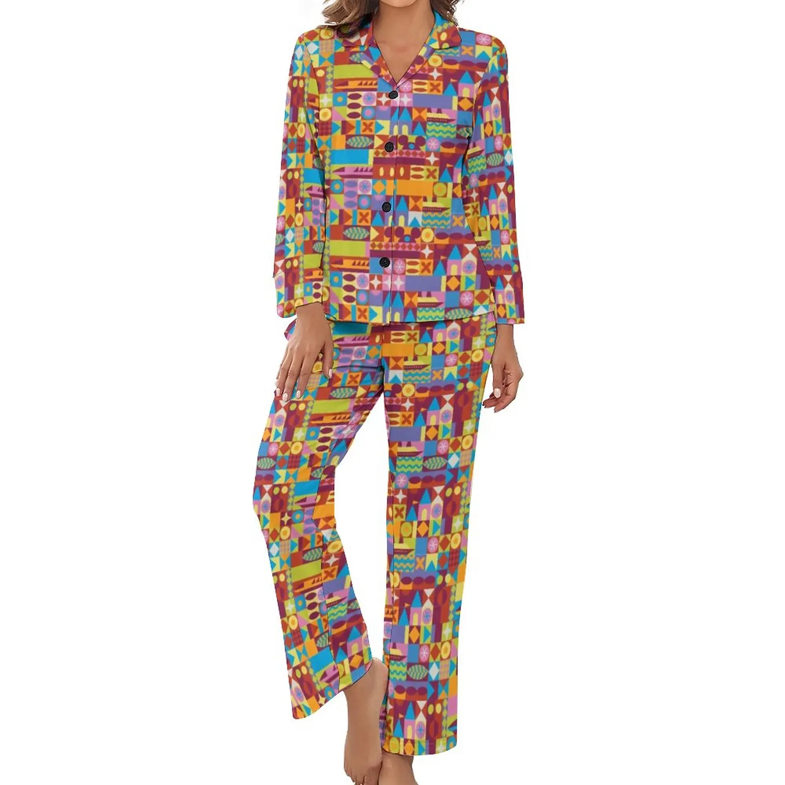 

70S Modern Art Print Pajamas Retro Color Blocks Long-Sleeve Trendy Pajama Sets 2 Piece Leisure Daily Graphic Nightwear Gift
