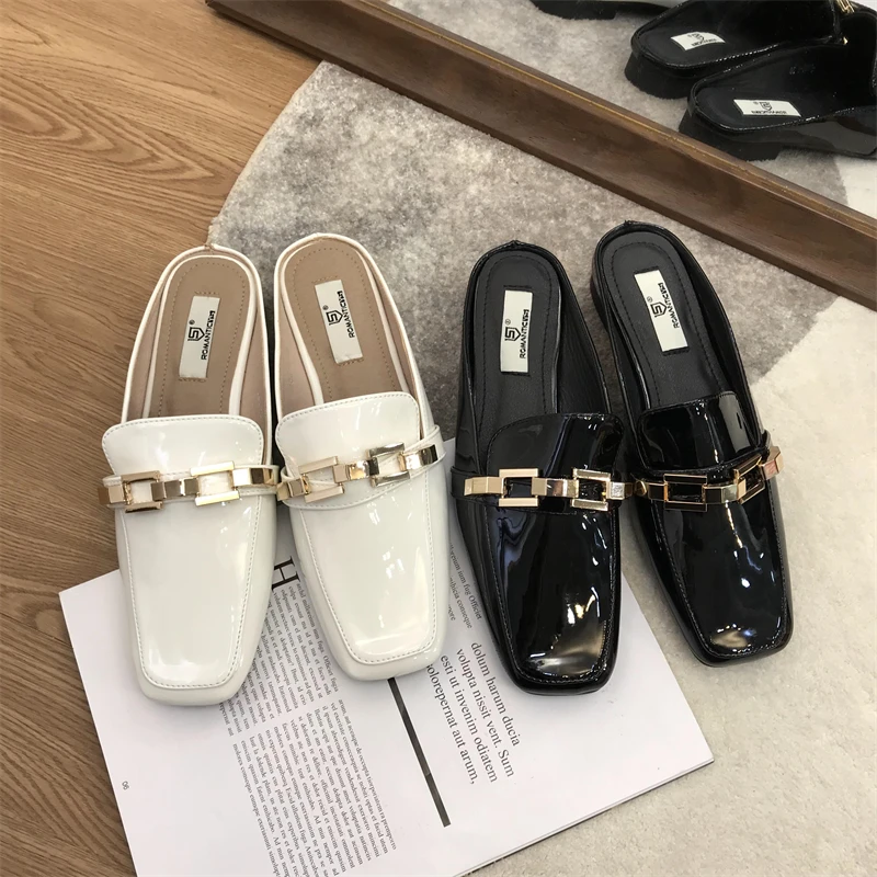 

Bailamos Women Slipper 2022 New Brand Women Mules Shoes Fashion Buckle Low Heel Slip On Slipper Ladies Square Toe Casual Slides