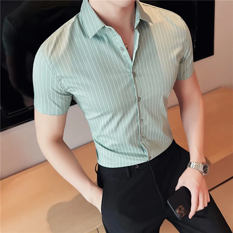 Classic Striped Men's Shirts Summer Short Sleeve Slim Casual Business Formal Dress Shirt Social Party Tuxedo Blouse Man Clothing
