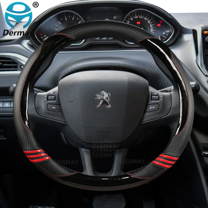 for Peugeot 2008 I II 2013~2022 Car Steering Wheel Cover Cute Carbon Fibre+PU Leather Girls Fashion Auto Accessories interior