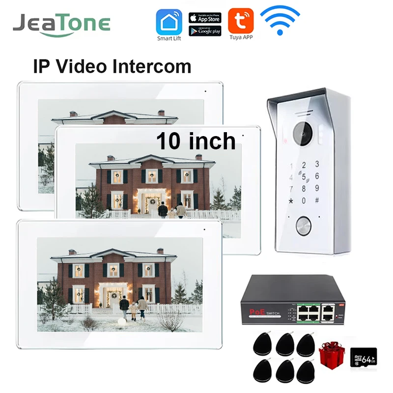 Комплекты видеодомофона Jeatone POE 10-дюймовый монитор с сенсорным экраном