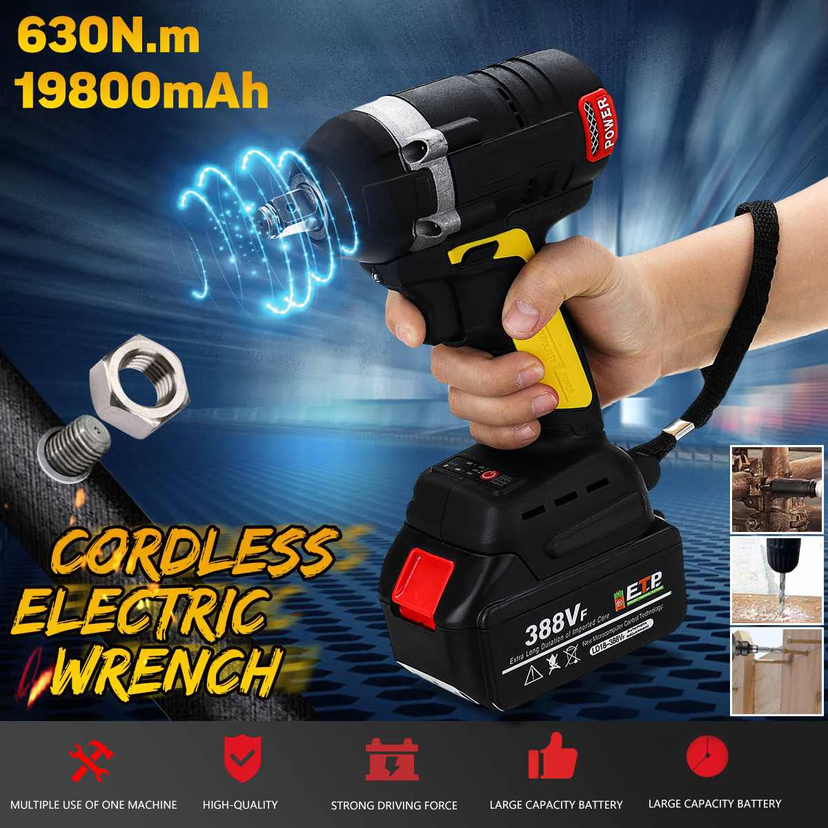 

388VF 630N.m Cordless Brushless Electric Wrench Rechargeable Li Battery Electric Wrench LED light Socket Wrench Power Tools