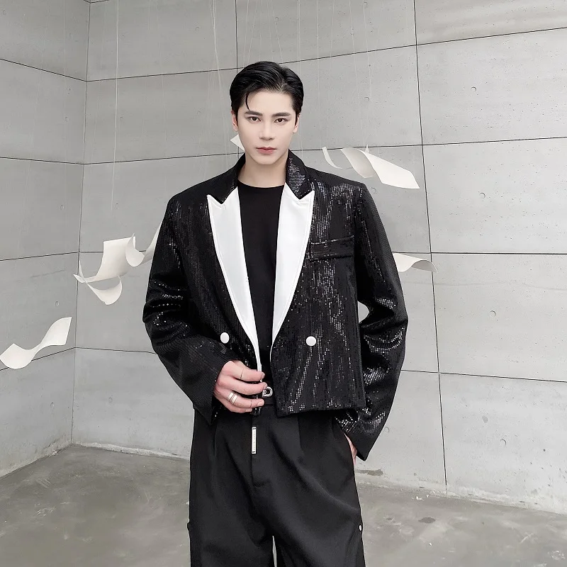 Men Sequins Fashion Show Loose Causal Vintage Short Suit Blazer Jacket Party Stage Clothing Male Net Celebrity Blazer Coat