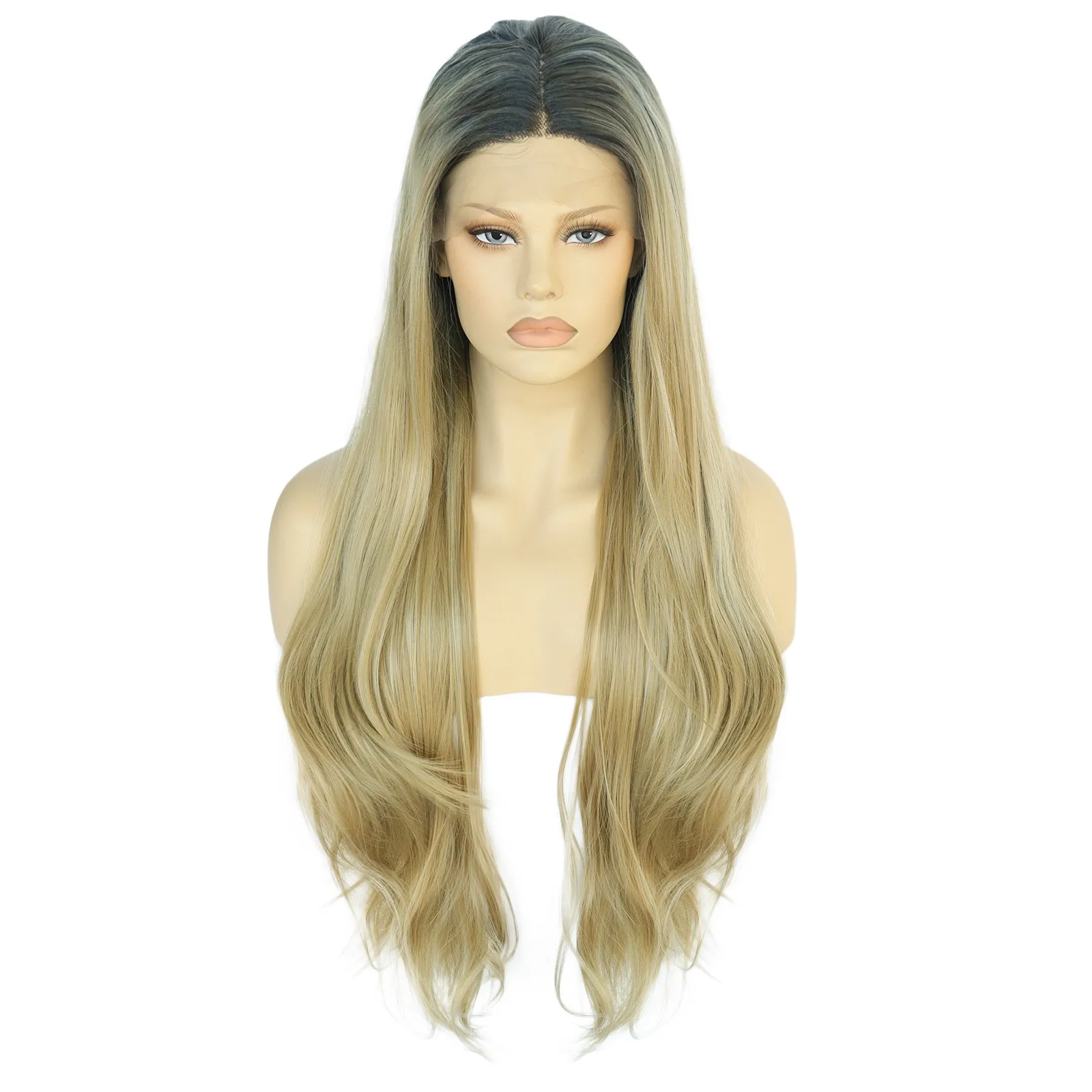 AN Synthetic 32Inch 13*1 Middle Part Brown Ombre Blonde T Part Lace Wig High Temperature Fiber Natural Wave Long For Black Women