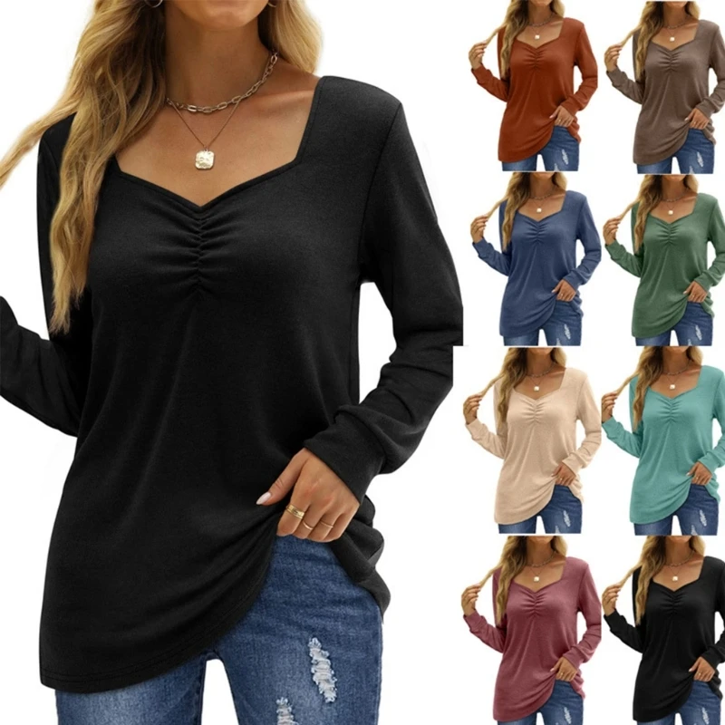 

Womens Long Sleeve Shirts Ruched Front Sweetheart Neck Solid Color Tunic Top