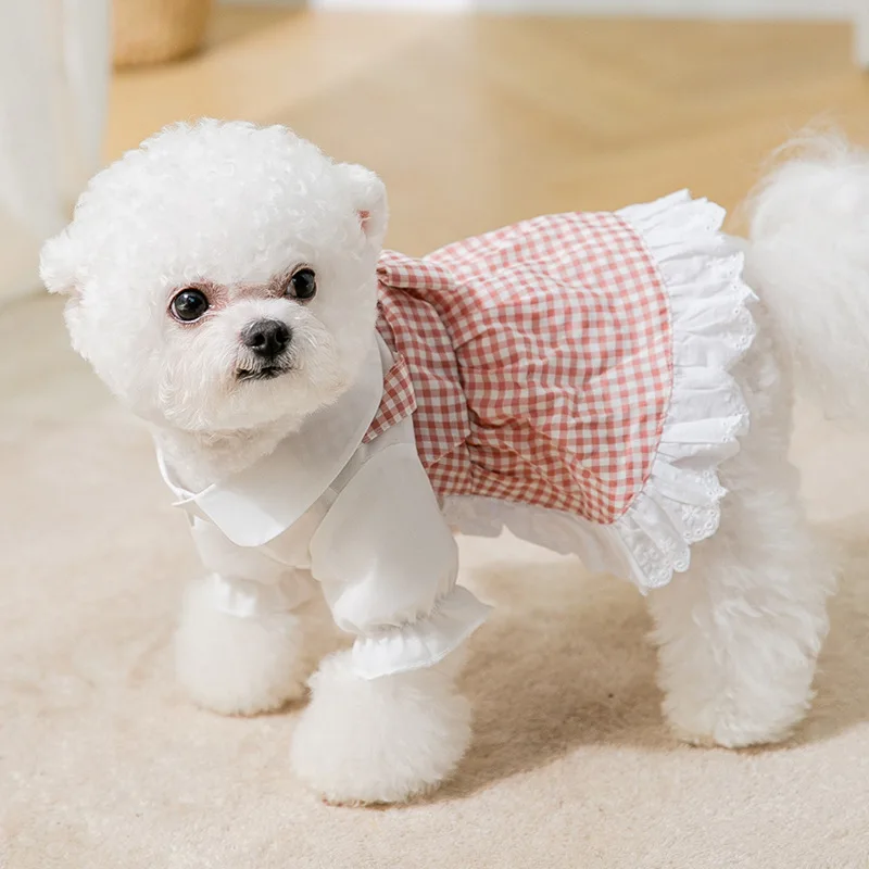 

Sweet Plaid Pink Uniform Costume Dress Skirt t-Shirt Dog Cat Pet Clothes Pullover Bowknot Doll Collar Spitz Shitzu Accessories