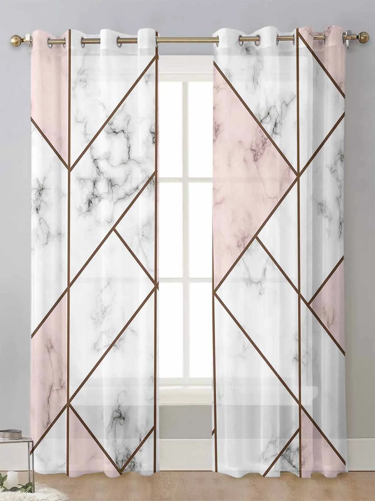 

White Marble Texture Pink Triangle Sheer Curtains For Living Room Window Voile Tulle Curtain Cortinas Drapes Home Decor
