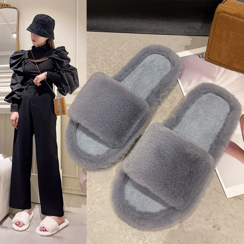

Fur Shoes Flock Slippers Flat Low Slides Winter Footwear Plush Soft Massage Rome Basic Rubber Casual Fabric Hoof Heels Leisure