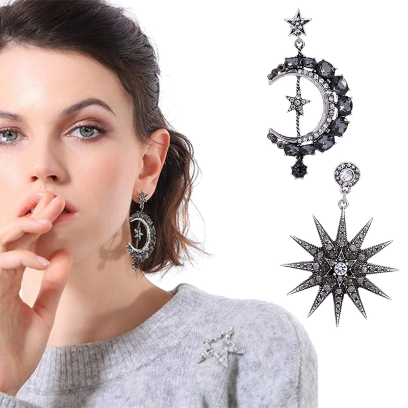 

Dainty Long Dangle Earrings for Women Girls Fashion Jewellry Cute Rhinestones Asymmetrical Moon Star Stud Earring