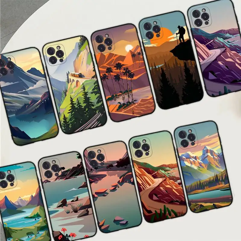 

Art Hand Painted Mountain Scenery Phone Case Silicone Soft For iphone 14 13 12 11 Pro Mini XS MAX 8 7 6 Plus X 2020 XR Shell