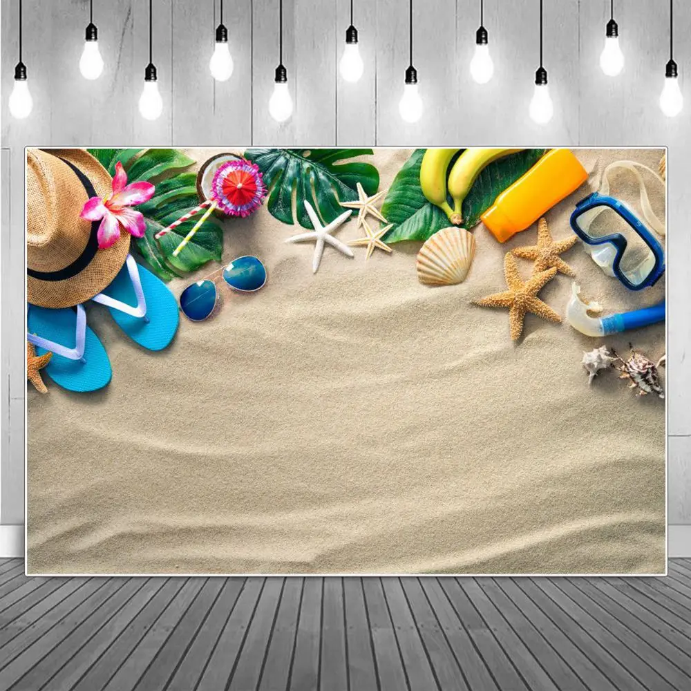 

Kids Seaside Sand Flat Lay Photography Backgrounds Summer Beach Travel Sunglasses Shells Holiday Backdrops Photographic Portrait