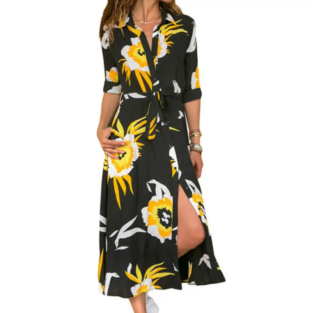 

Women Dress Flower Print Single-breasted Beach Dress Autumn Female Clothes