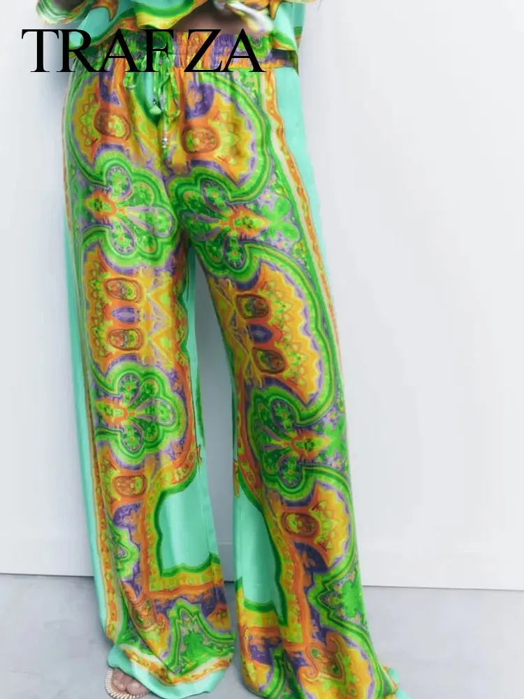 

TRAF ZA Women's Fashion Print Retro Trousers Trendy Loose Casual Elastic Waist Drawstring High Quality Comfort Wide Leg Pants