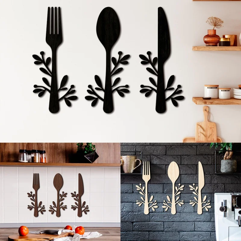 

[Wall Ornament] Mz186 Creative Three-Dimensional Wooden Tableware Knife and Fork Wall Sticker Pendant Kitchen Background Wall De