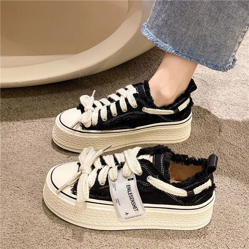 Girls Lovely Canvas Shoes 2023 Spring Summer Women Casual Shoes Flowers Lace Up Ladies Platform Jeans Footwear Vulcanzied Shoe