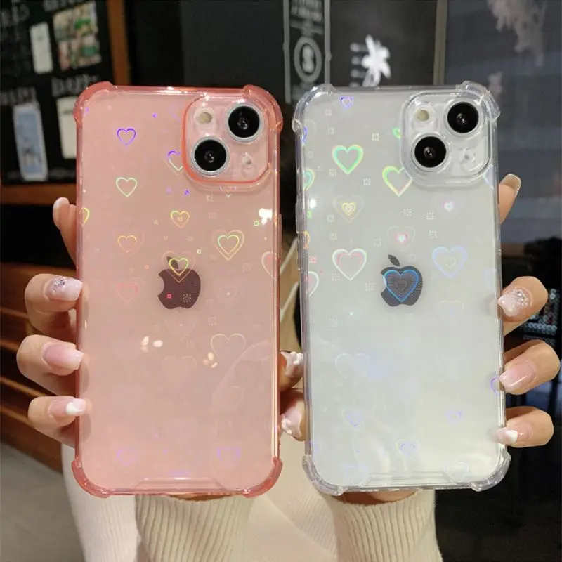 

Luxury Reflective Holographic Love Heart Case For iPhone 14 13 12 11 Pro Max Mini XS X XR 7 8 Plus SE 2 Soft Clear Buffer Cover