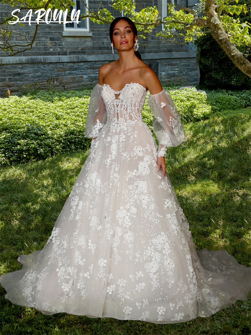 

3D Embroidered Bride Dresses Strapless Bridal Gown Removable Sleeves Wedding Dresses For Woman Horsehair Accents Robe De Mariée