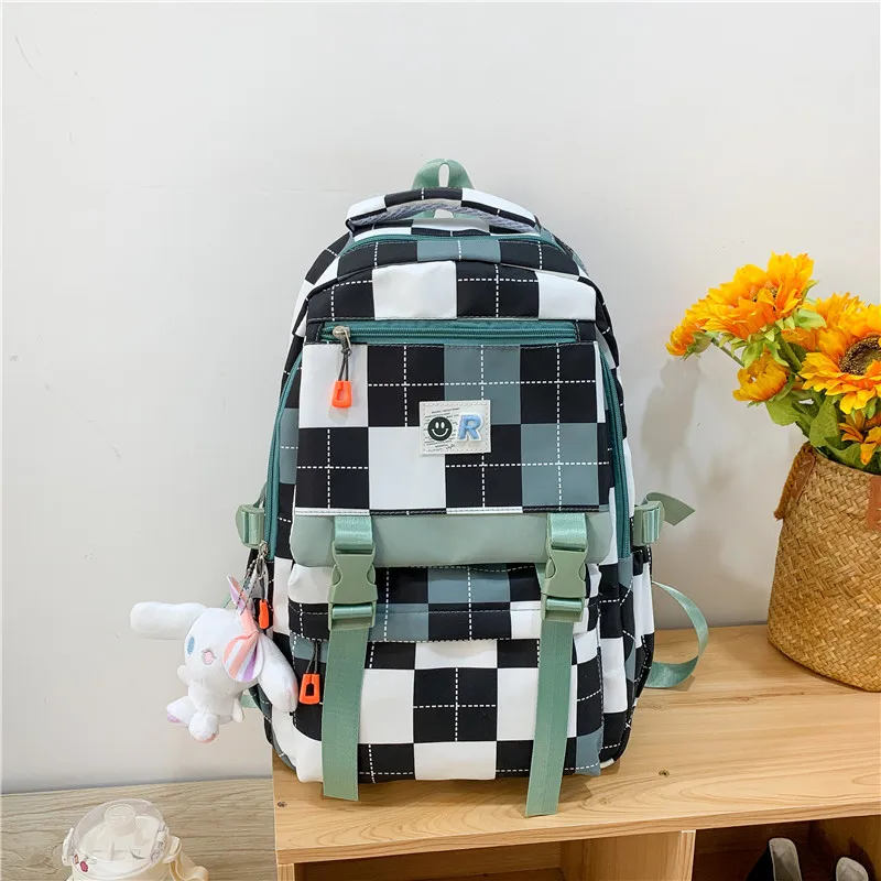 

2022 New Schoolbag Female Ins Japanese Junior High School Student Backpack Korean Version Checkerboard Tooling Backpack