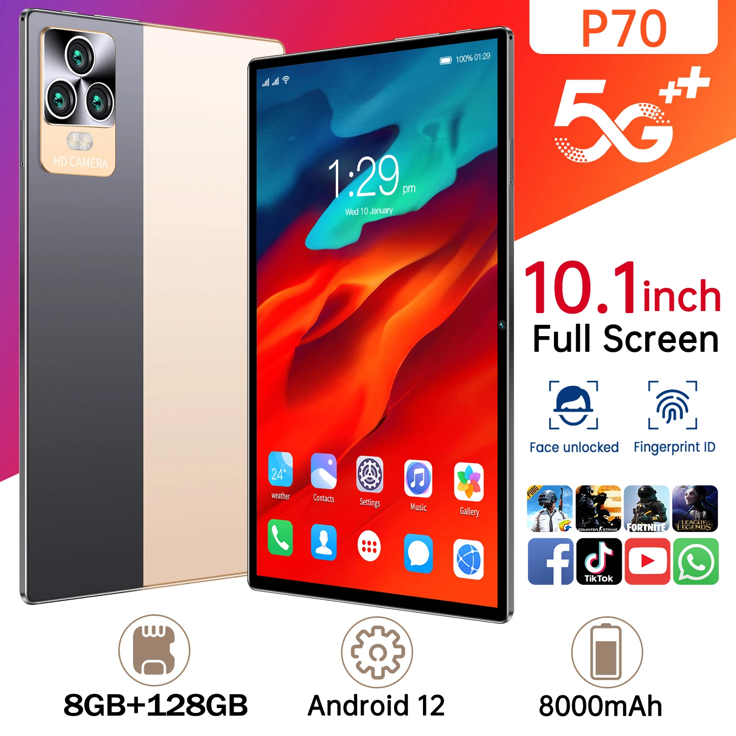 

Семейный ПК P70 Android 12, 10,1-дюймовый планшет, телефон с процессором Qualcomm 10,1, 8 ГБ, 870 ГБ, 10 ядер, 48 МП, 128 мАч, планшет