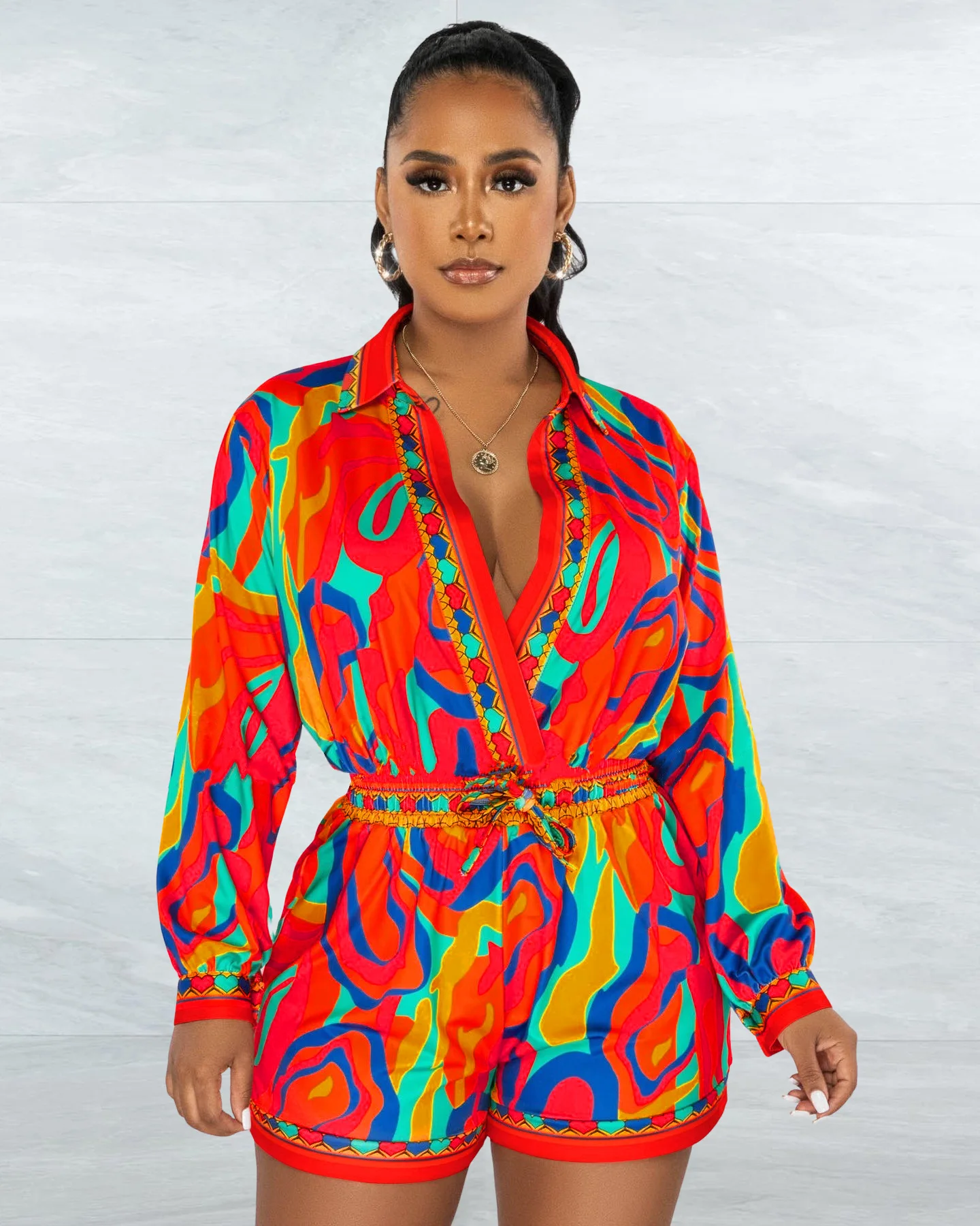 2023 Fashion Spring Summer Tie Dye Print Long Sleeve Shirt Short Jumpsuit Romper Women Elegant Casual One Piece Suit Playsuit