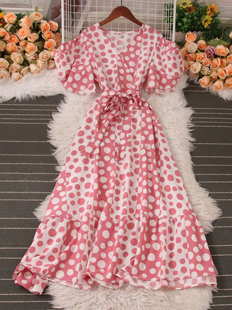 

EWQ Sweet Style Women's Dress 2023 Summer New V-neck Dot Patchwork Contrast Color Ruffles Short-sleeve High Waist Dresses SN2180