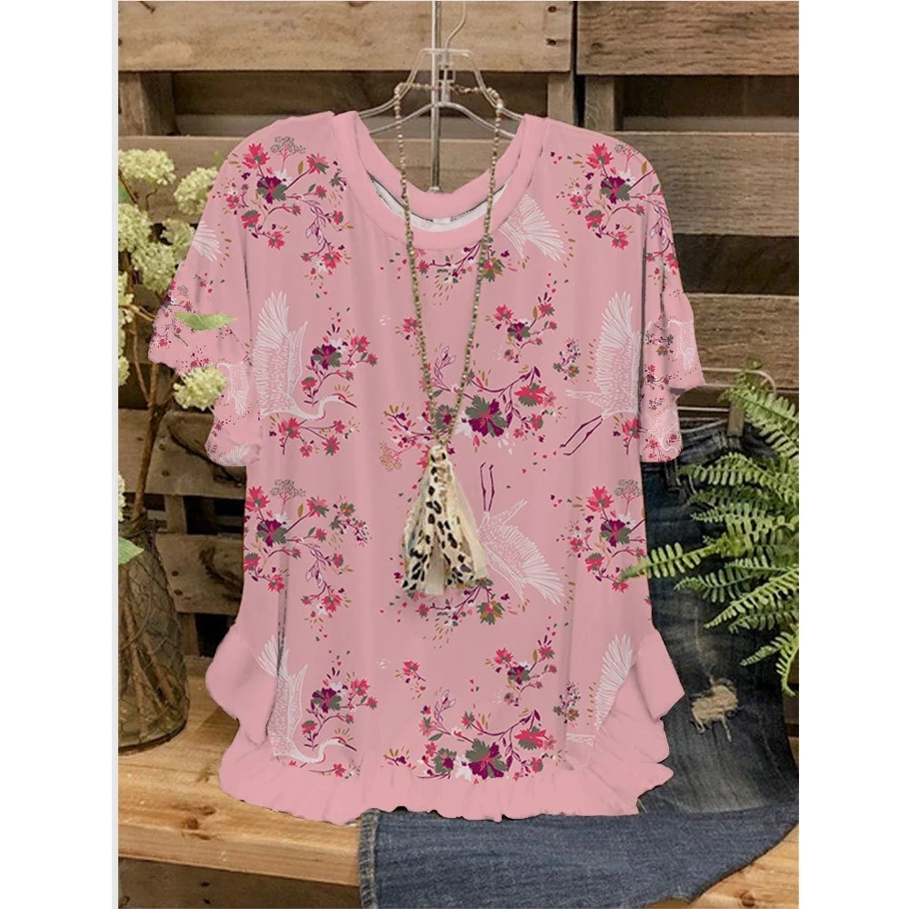 

Футболка женская с круглым вырезом, свободная Повседневная рубашка с коротким рукавом, с оборками, с принтом лепестков, летняя уличная одежда