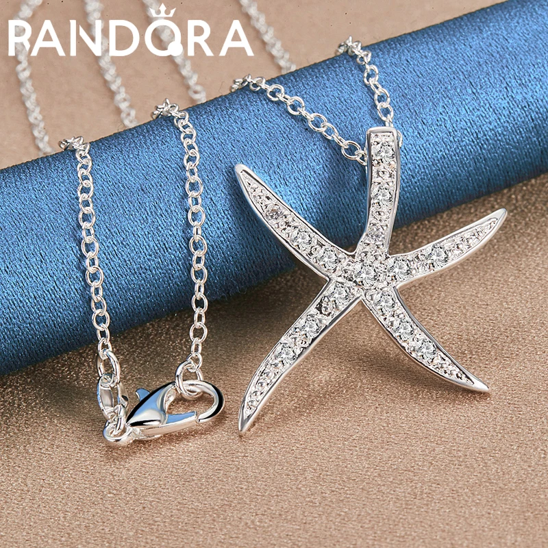 

RAIVDQRA 925 Sterling Silver 16-30 Inch Chain Necklace For Woman Men Zircon Starfish Pendant Neck Chain Fashion Charms Jewelry