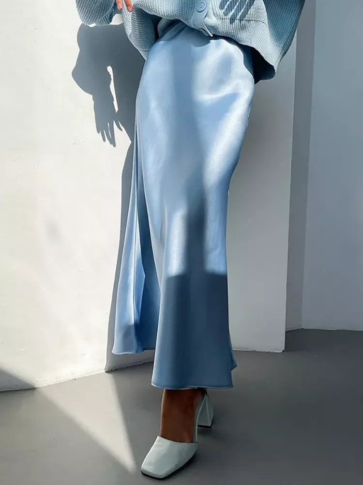 

Blue Satin Skirt Women High Waist Simple Faldas Mujer Moda Midi Wrap Skirts Korean Style Elegant Office Lady A-line Long Skirt