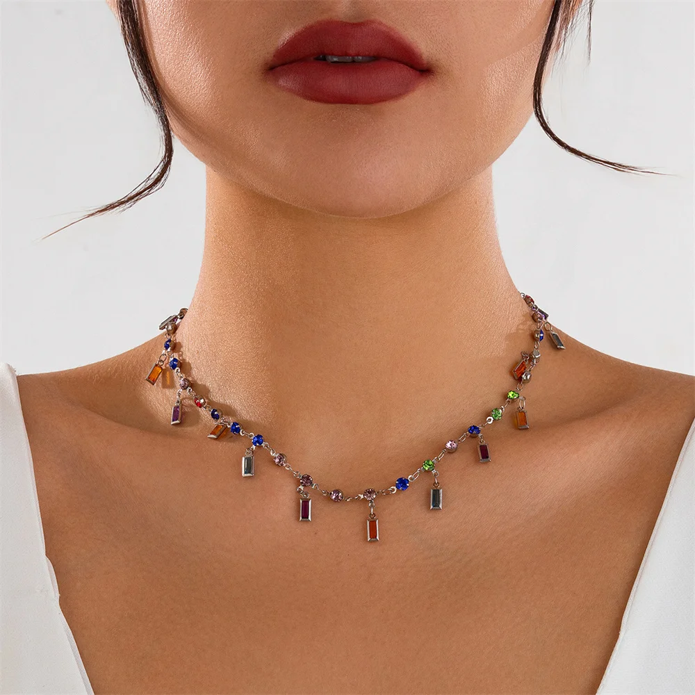 Женское ожерелье в стиле бохо Y2K с геометрическим цветным кристаллом и кисточкой