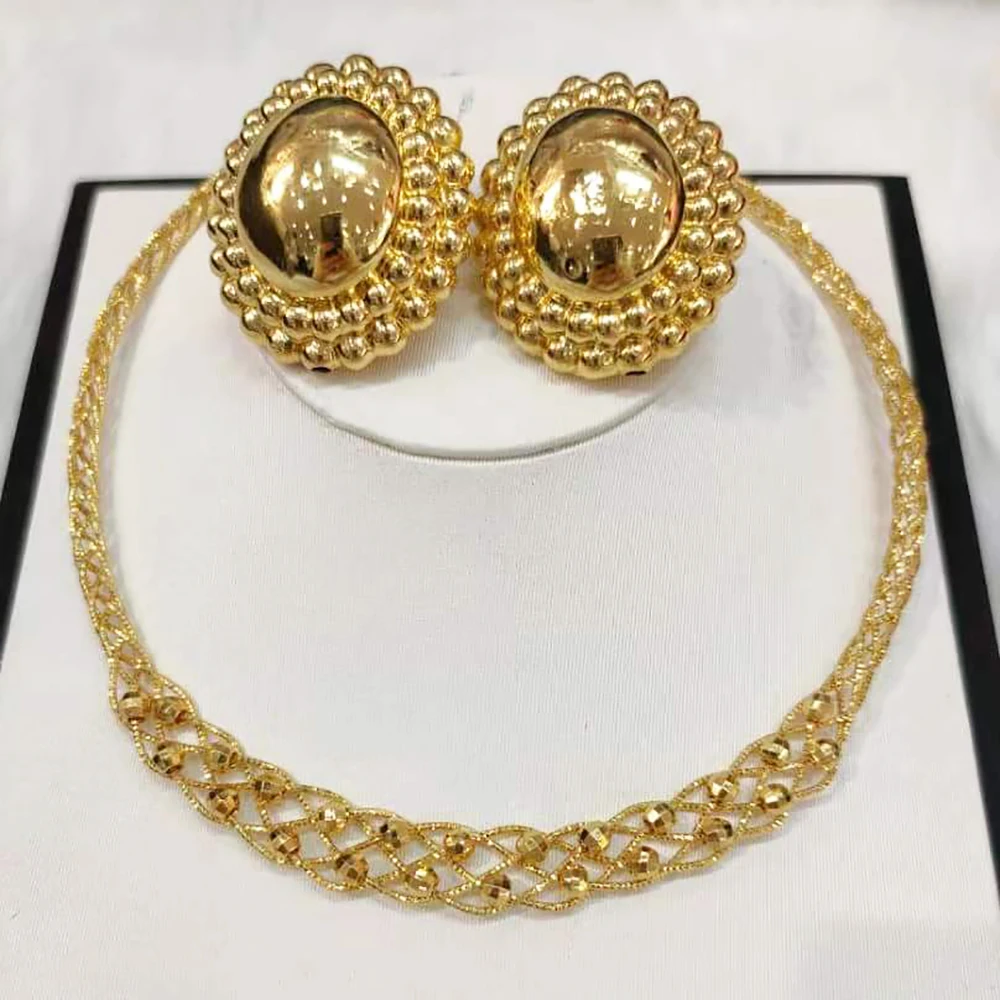 

Jewelry Sets for Women 2022 Trend Copper Geometric Bead Earring Brazilian Gold Color Necklace For Wedding Party Anniversary Gift