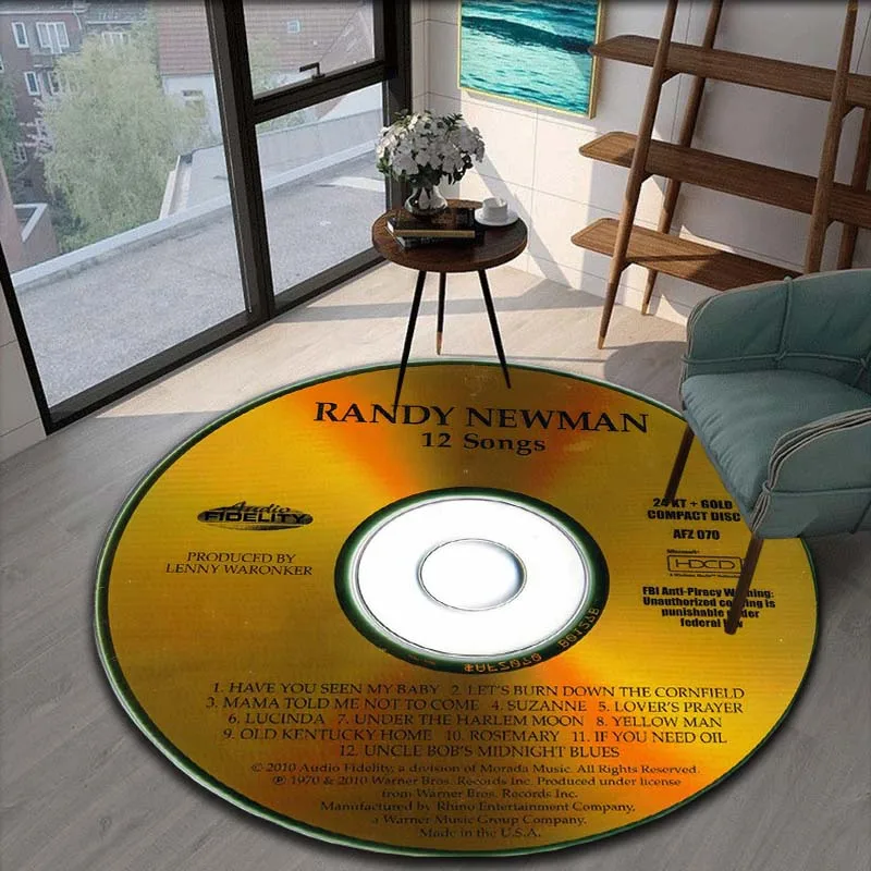 Круглый ковер с 3D рисунком музыкальных CD дисков для гостиной нескользящий