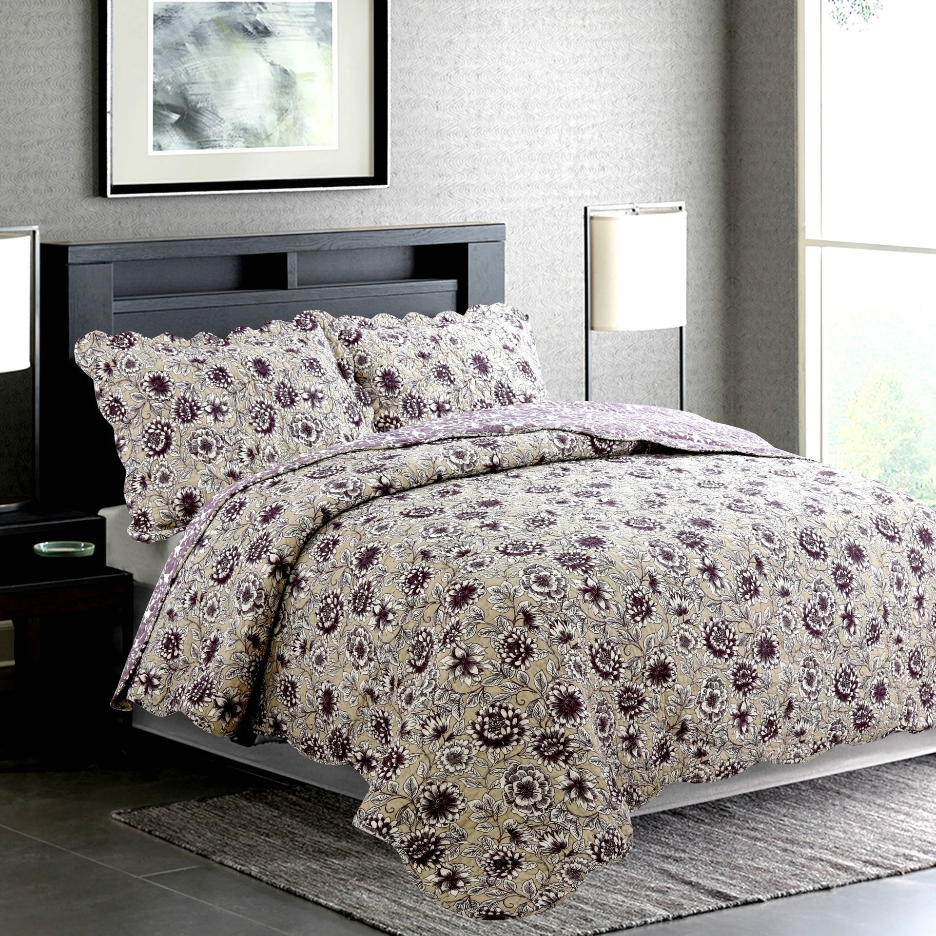 

Vibrant Blossom Floral printed 100% Cotton Reversible set, 3Pieces Queen size Bedspread Coverlet Pillow shams