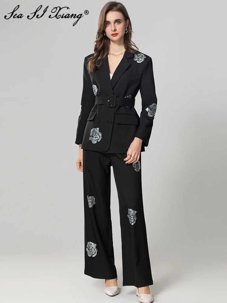 Женский офисный костюм с цветочным принтом Seasixiang двубортный из двух предметов