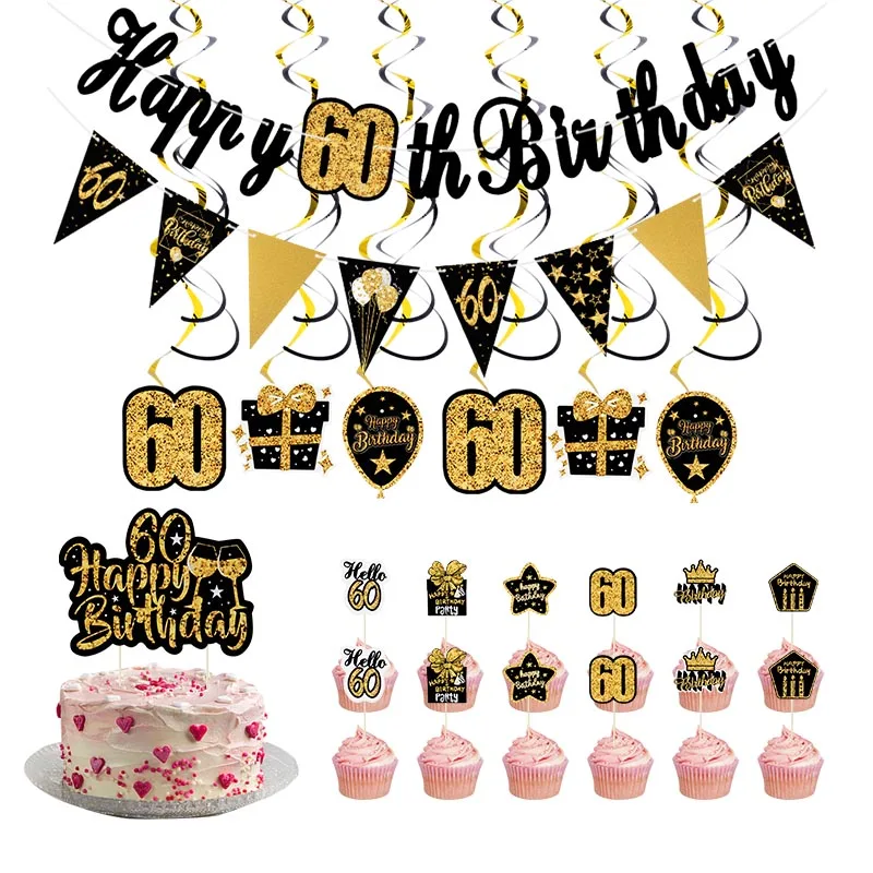 

30 40 50 60 Happy Birthday Banner Paper Bunting Hanging Decor Black Gold Adult Birthday Party Anniversary Decoration Supplies