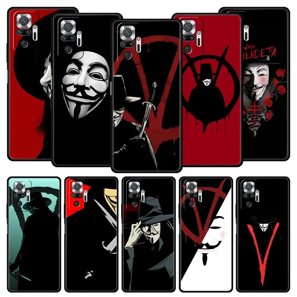 

V for Vendetta Mask rose Phone Case For Xiaomi Redmi Note 10 11 9 8 Pro 10S 9S 7 8T 9T 9A 8A 9C K40 Gaming 11T 5G Soft TPU Cover
