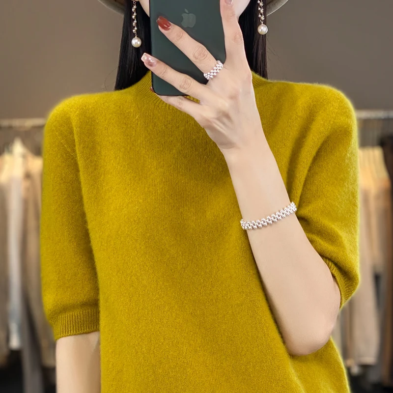 

2023 new 100% wool short-sleeved women's half-high collar pullover spring and summer knitted slim T-shirt fashion half-sleeve