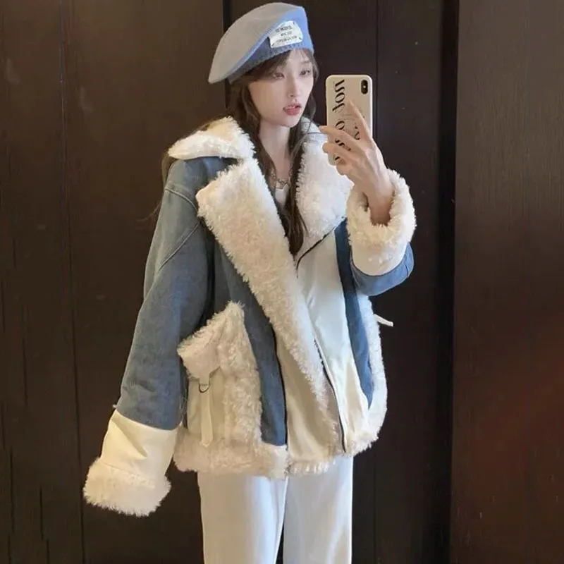 

Winter Denim Cotton Jacket Women's 2023 New Korean Loose Lamb Wool Jacket Thick Warm Jeans Coats Female Long Sleeve Overcoat