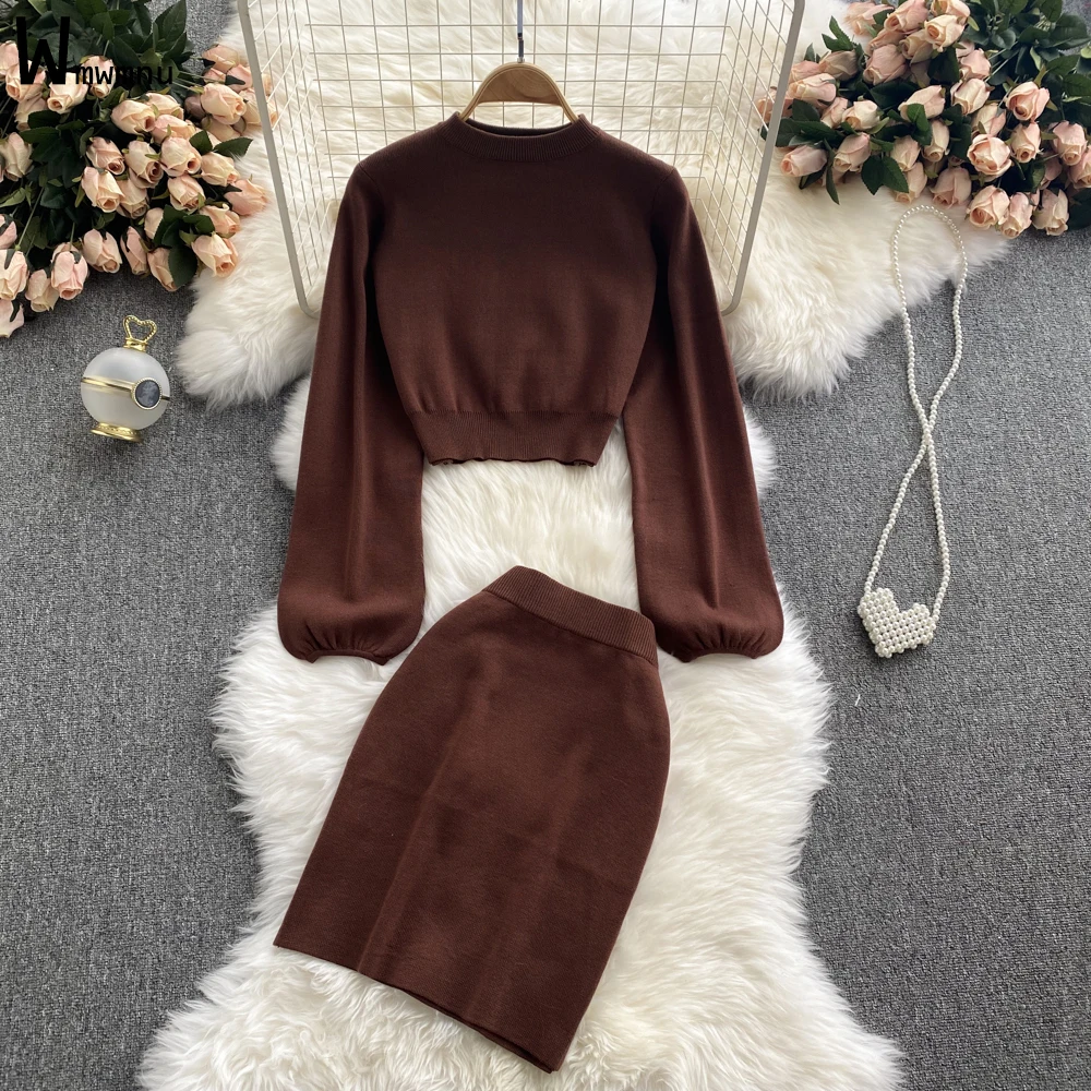 

Однотонный Повседневный свитер, наряды, женский элегантный шикарный комплект из двух предметов, трикотажный топ с круглым вырезом и длинны...